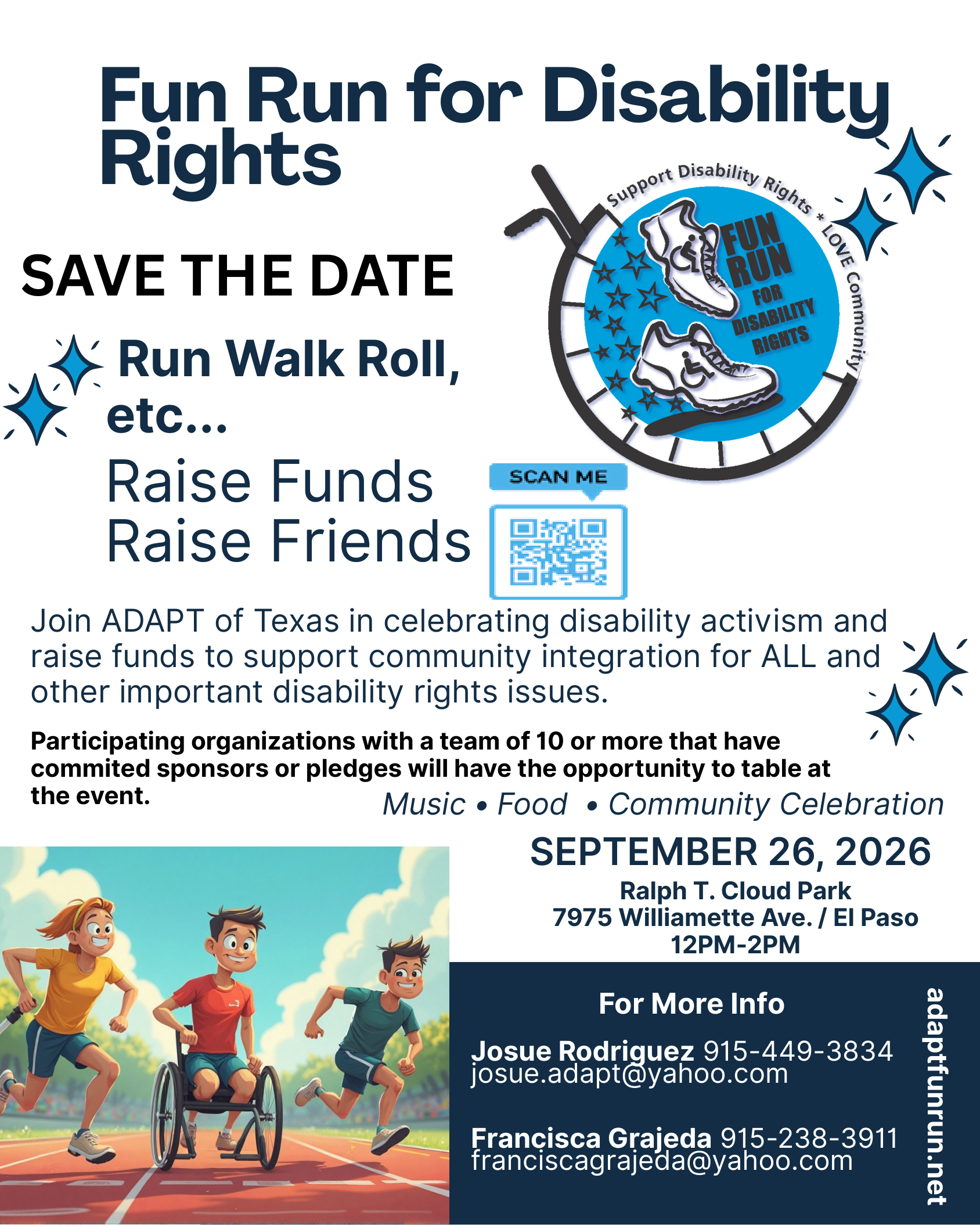 Join ADAPT of Texas in celebrating disability activism and raise funds to support community integration for ALL and other important disability rights issues.  September 26th 2026 
Ralph T. Cloud Park
7975 Williamette Ave. / El Paso
12PM-2PM
